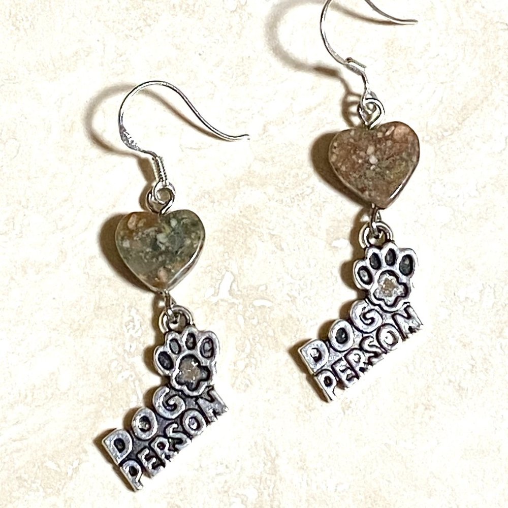 2/$20, Natural Unakite Stone Heart + Dog Person Dangle Earrings
